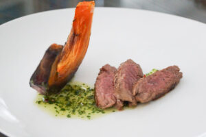 Dry Aged Beef Strips with Oven Pumpkin and Herb Sauce